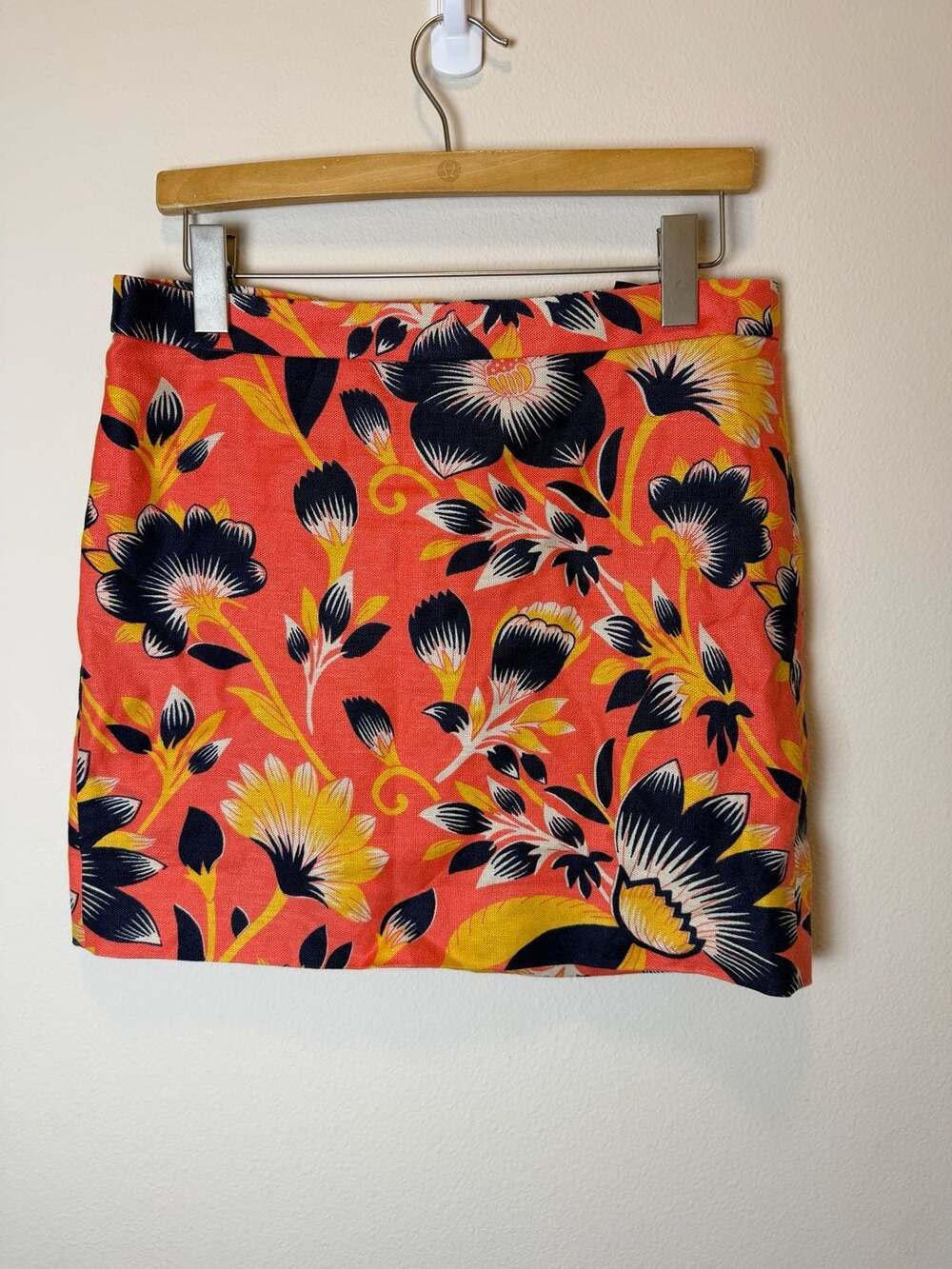 J. Crew Postage Stamp A-Line Mini Skirt Hibiscus Floral Orange Navy Size 4